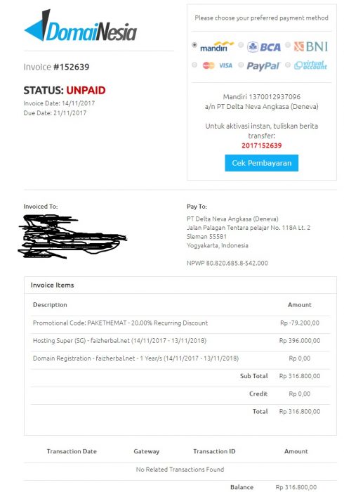 Pembayaran Hosting dan Domain