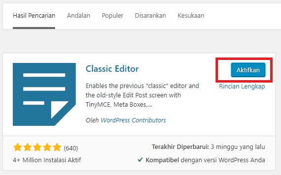 activate classic editor wordpress